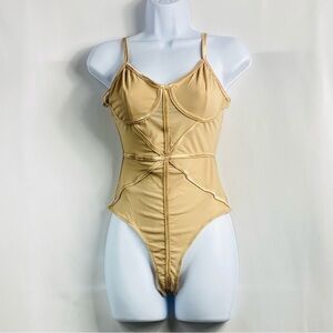 Love J Women’s Sz Small Beige Metallic Contour Accents Sexy Bodysuit NWT